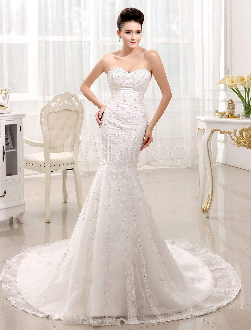 Beaded Wedding Dress For Bride with Sweetheart Neck Mermaid Strapless ...