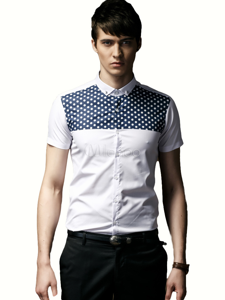 Button Down Neck Short Sleeves Shaping Patchwork Casual Shirt For Man ...