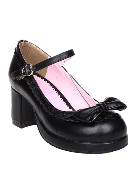 Matte Black Lolita Chunky Heels Shoes Bow Ankle Strap Heart Shape ...