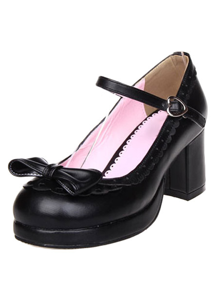 Matte Black Lolita Chunky Heels Shoes Bow Ankle Strap Heart Shape ...