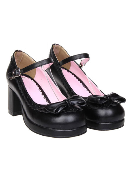 Matte Black Lolita Chunky Heels Shoes Bow Ankle Strap Heart Shape ...