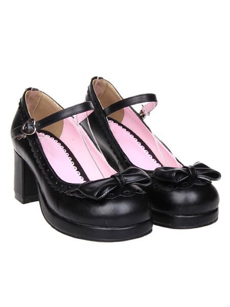 Costumes Lolita | Matte Black Lolita Chunky Heels Shoes Bow Ankle Strap Heart Shape Buckle - RJ30984