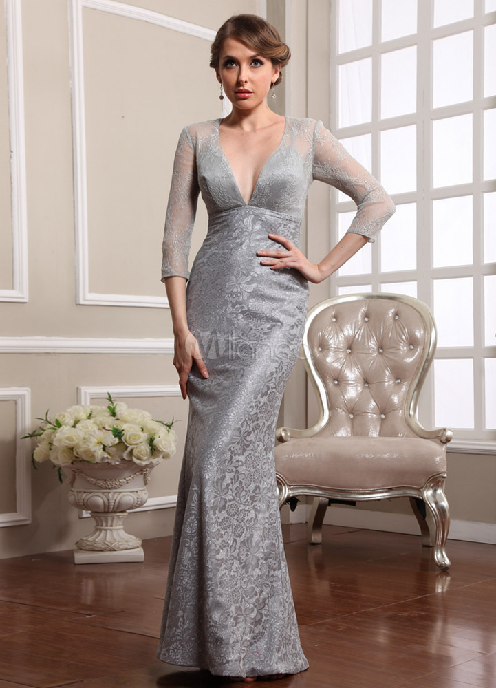 Sheath Silver Lace Evening Dress with V-Neck Floor-Length - Milanoo.com