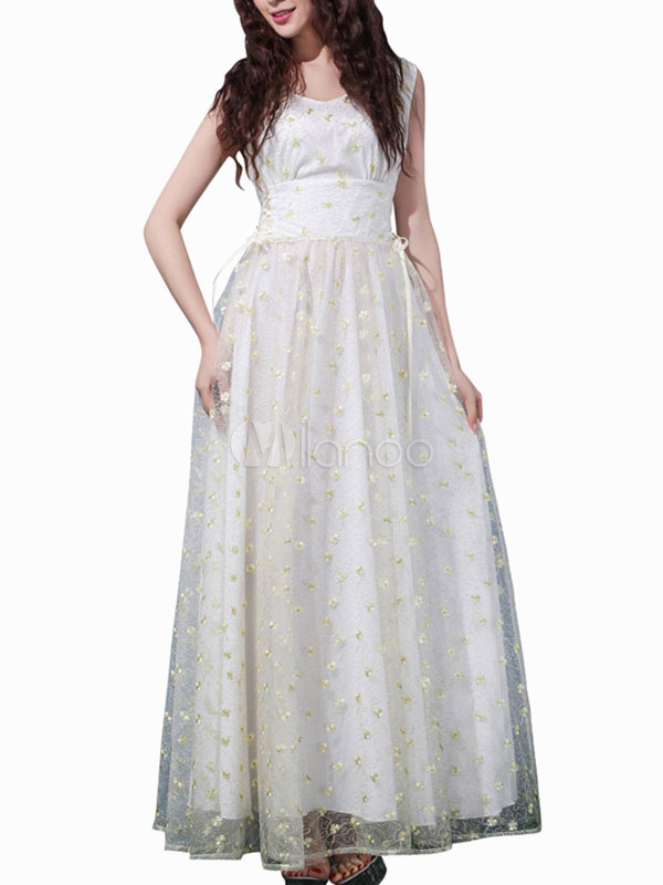 Vestido largo de encaje de de color beige con estampado floral de moda -  Milanoo.com