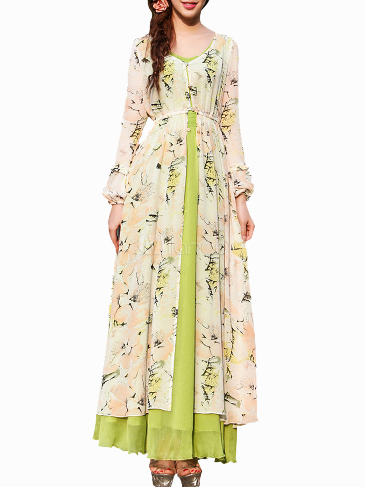 Fashion Light Green V-Neck Long Sleeves Womens Maxi Dress - Milanoo.com