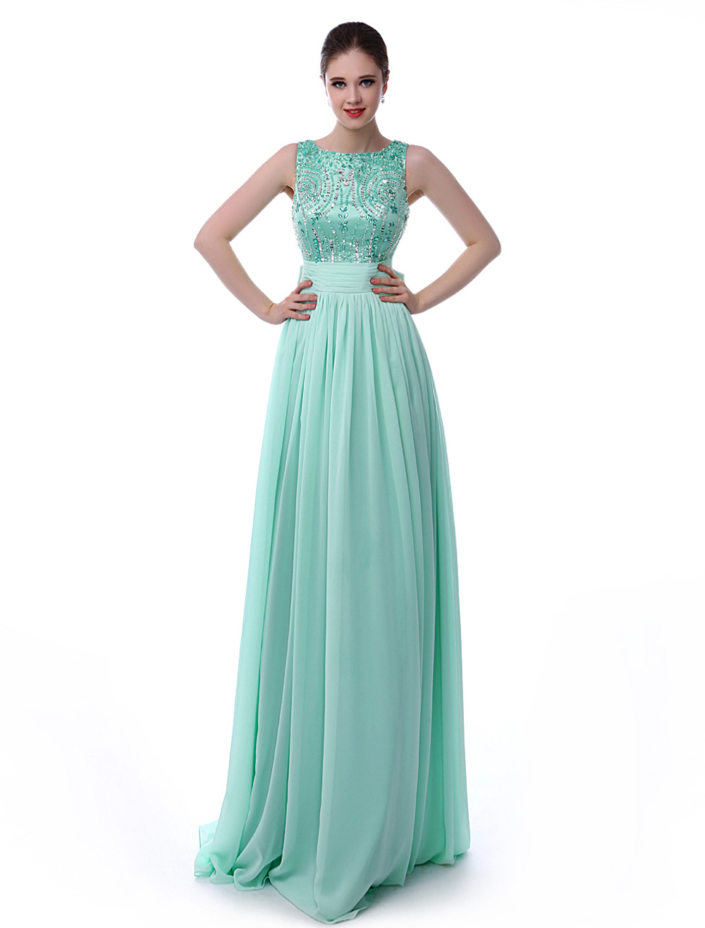 Mint Green Prom Dress V-Back Rhinestone Bow Sash Sequins Chiffon Dress ...