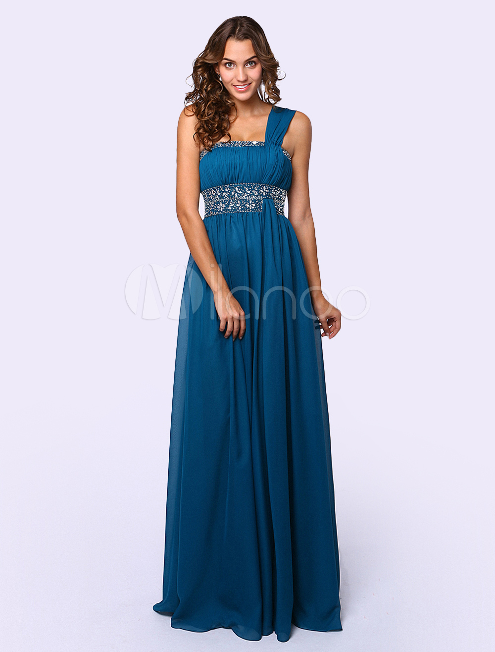 Ocean Blue Chiffon Bohemian One-Shoulder Beaded Prom Dress - Milanoo.com