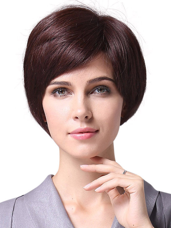 Lounge Chestnut Brown Short Straight Human Hair Wigs For Women