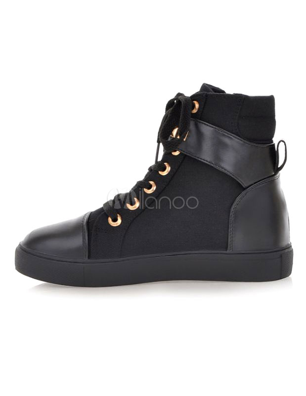 Fashion Black Studded Zipper Lace Up PU Leather Women's Sneakers ...
