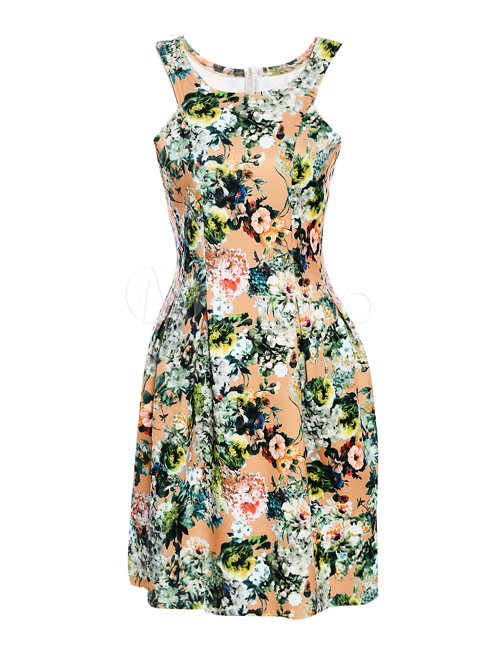 Multi Color Sleeveless Floral Print Skater Dress for Woman - Milanoo.com