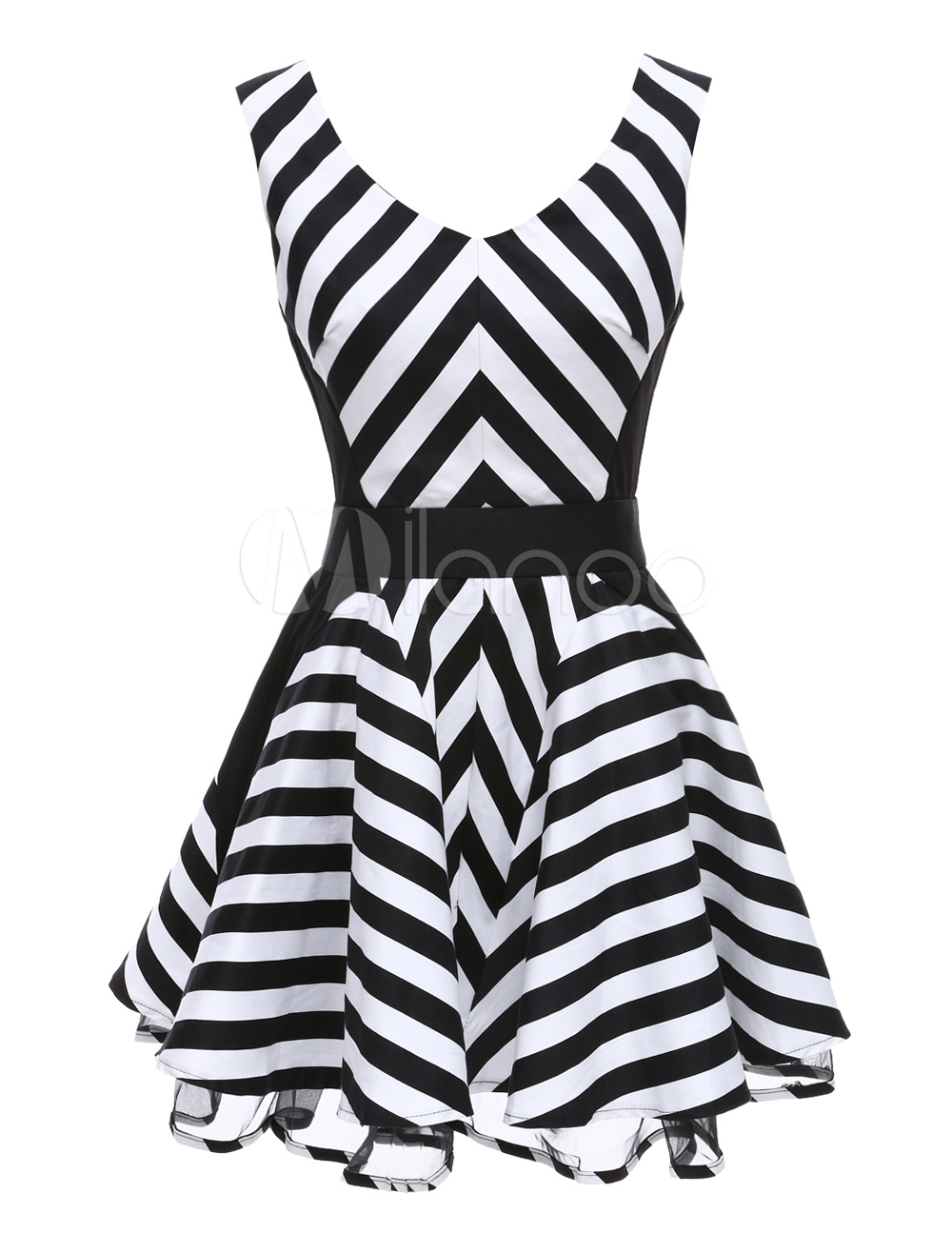 Split Color Sleeveless Stripe Pure Cotton Skater Dress for Woman