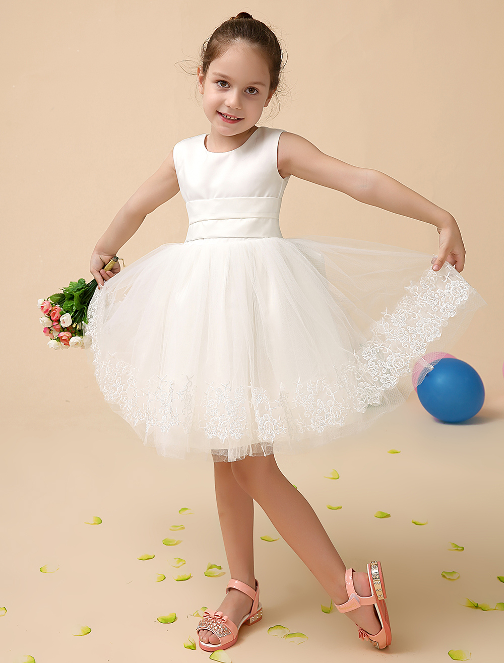 Vestito Damigella bambina Avorio pizzo Applique Abito Tutu corto senza  maniche A Line Bow Sash Bambini abiti da festa - Milanoo.com