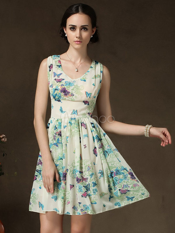 Green Sleeveless Floral Print Chiffon Attractive Women's Skater Dress ...