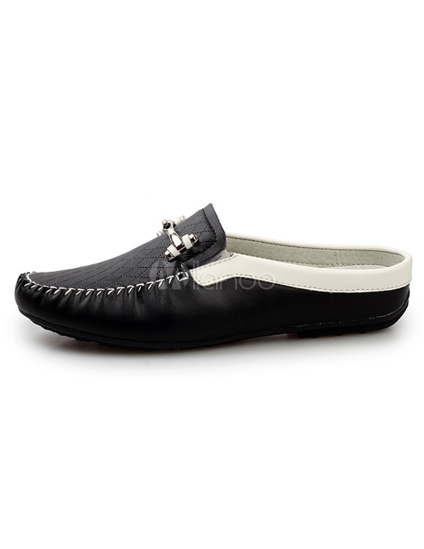 Backless White Chains Round Toe Cowhide Loafer Shoes For Men - Milanoo.com