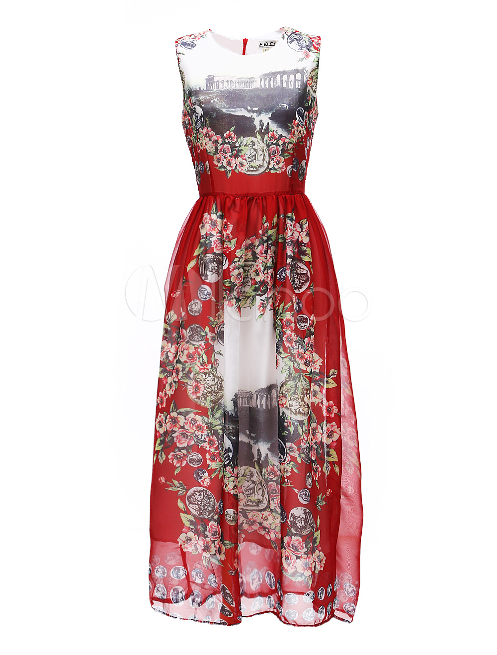 Stylish Red Crewneck Pleated Sleeveless Maxi Dress for Woman - Milanoo.com