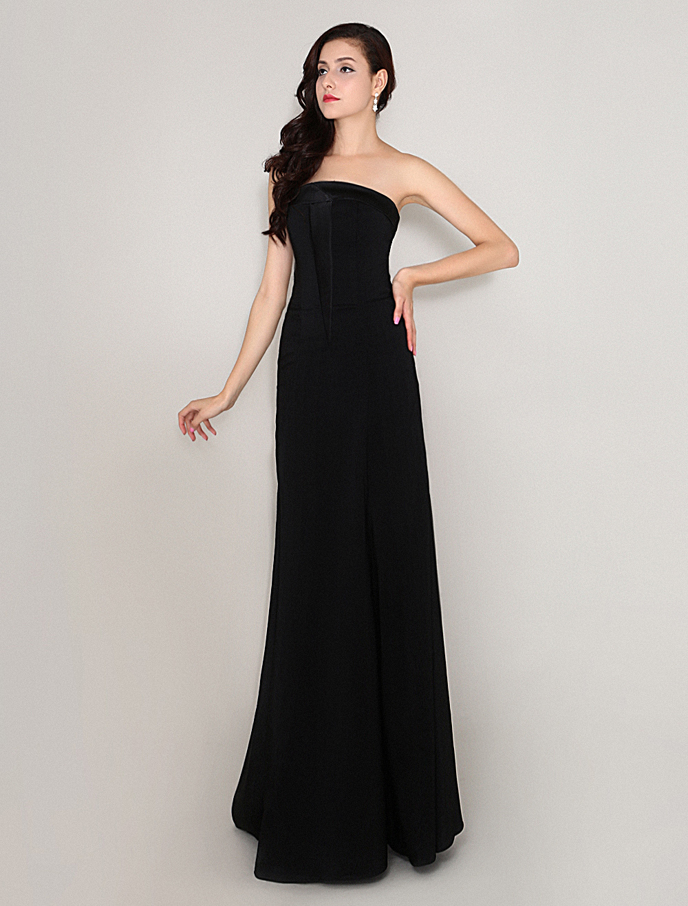 Elastic Woven Satin Draped Evening Dress With Strapless Floor-Length ...