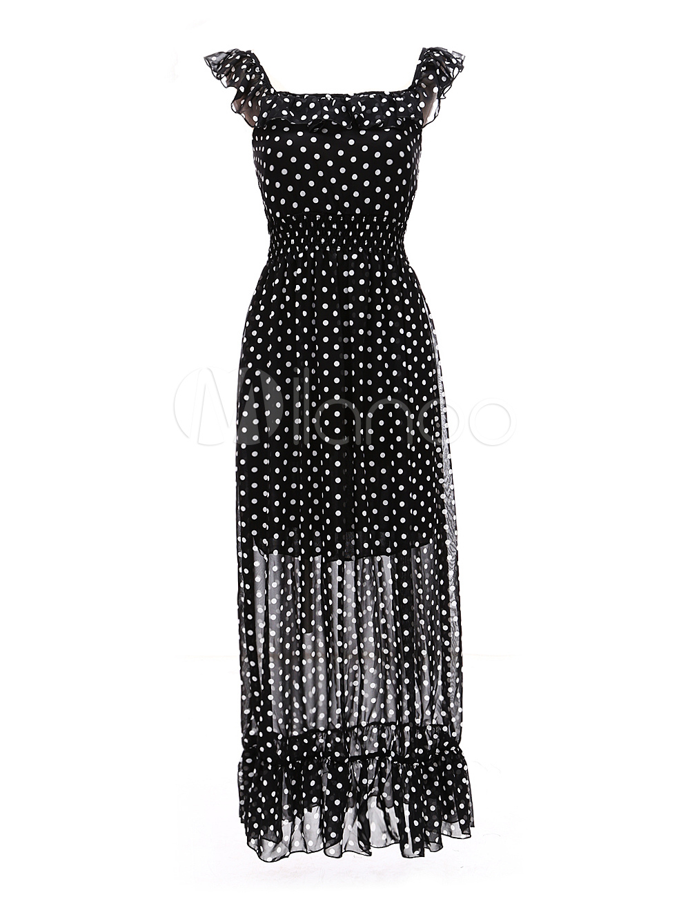 Charming Black Polka Dot Straps Neck Ruffles Maxi Dress for Woman