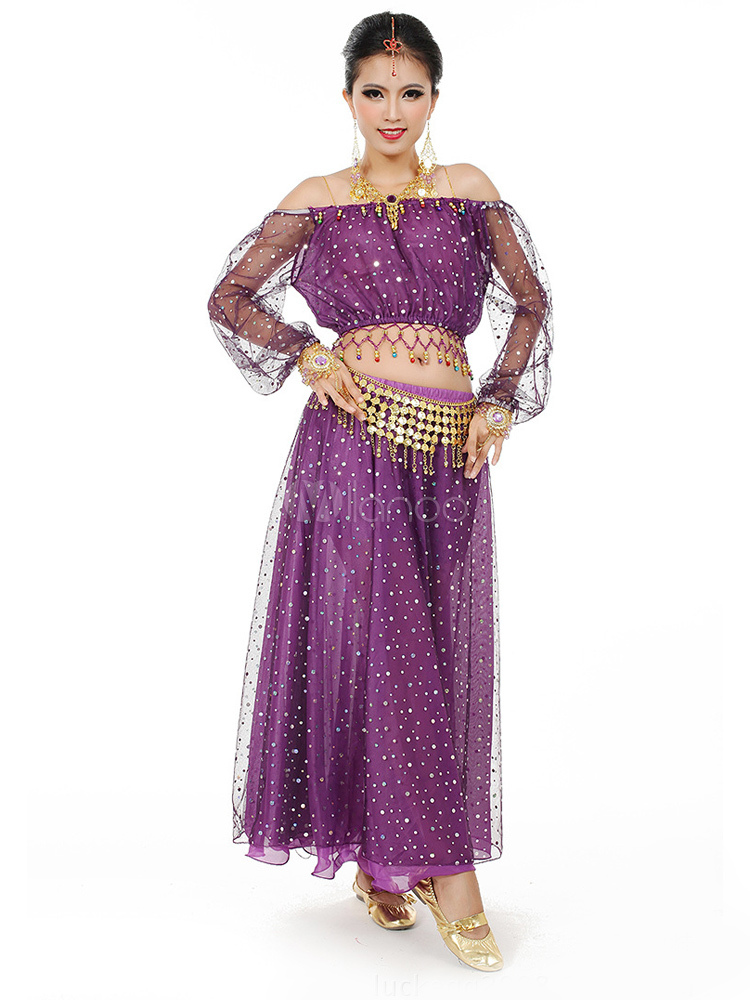 Belly Dance Costume Mesh women's Bollywood Dance Dress With Fanon ...