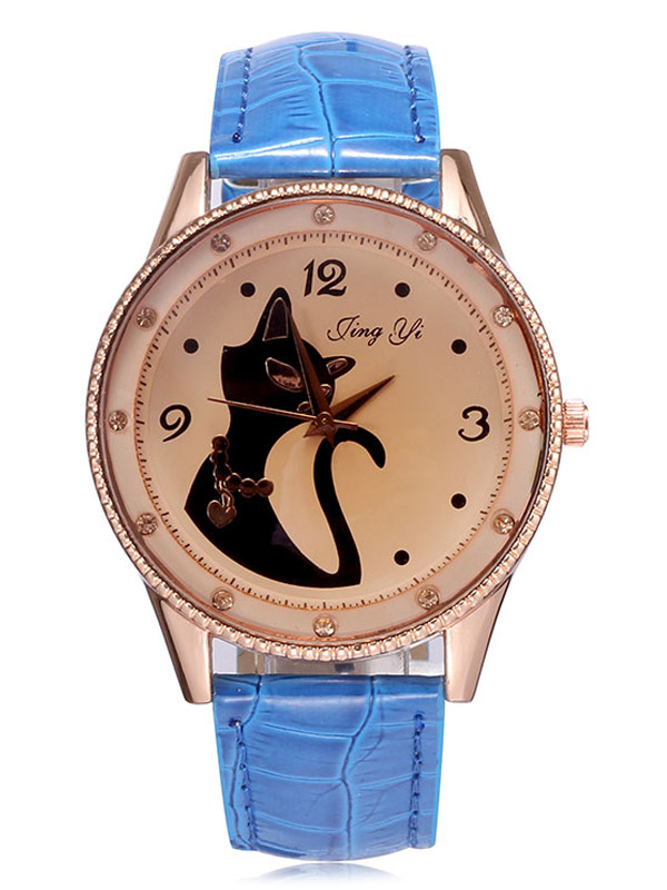 Orologio da donna blu rotondo forma bel gatto con strass - Milanoo.com