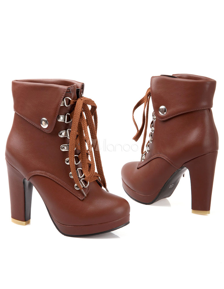 Gorgeous Grommets PU Leather Round Toe Lace Up Boots For Women ...