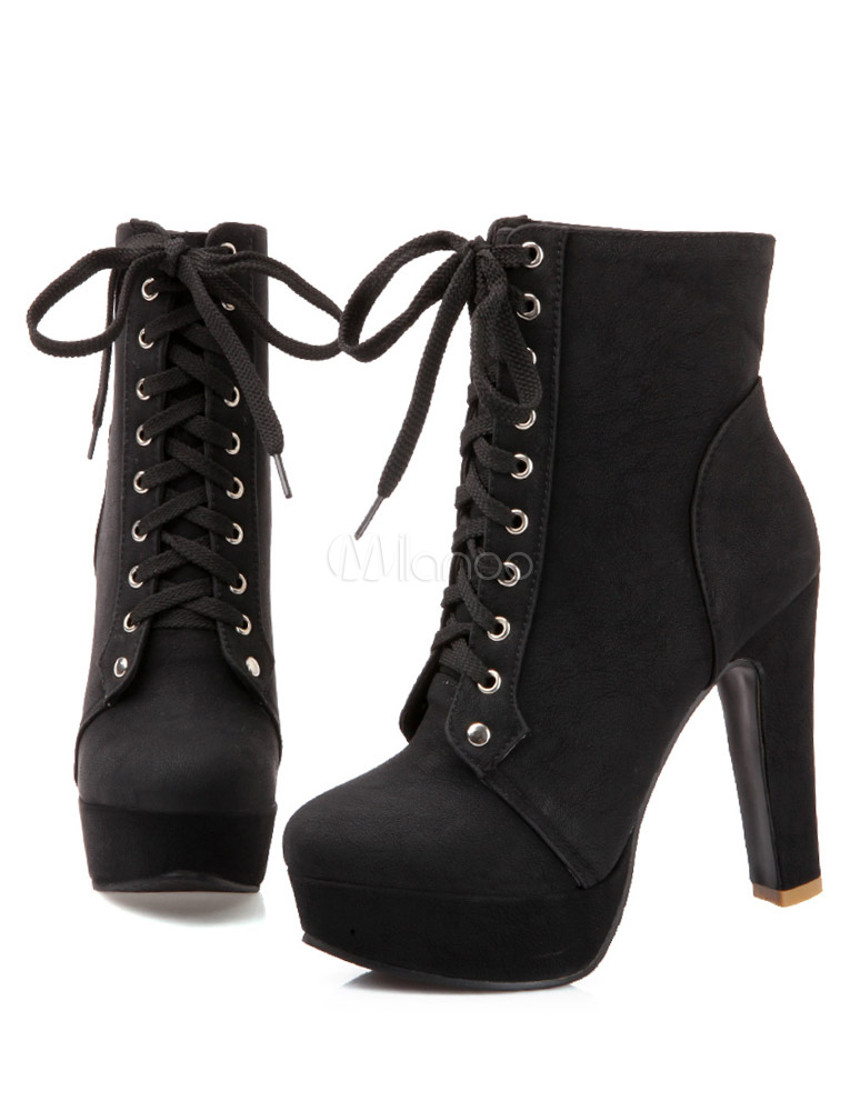 Stylish Grommets PU Leather Round Toe Lace Up Boots For Ladies
