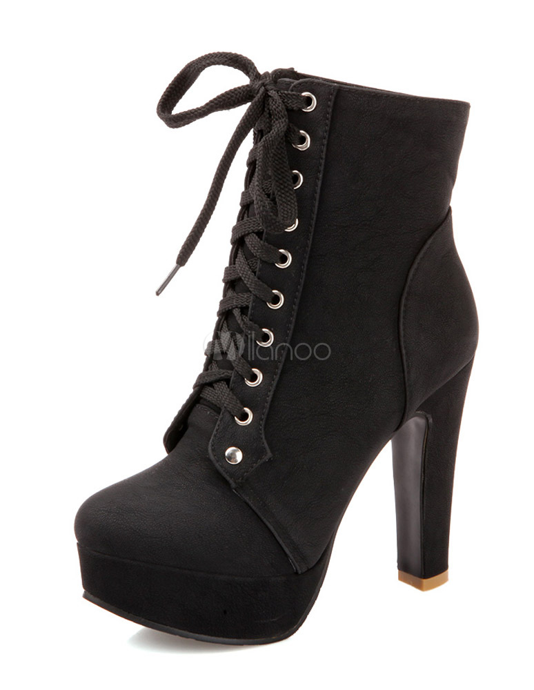 Stylish Grommets PU Leather Round Toe Lace Up Boots For Ladies ...