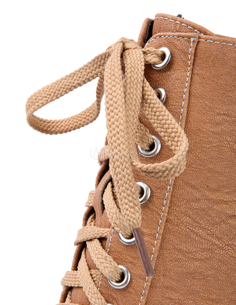 Stylish Grommets PU Leather Round Toe Lace Up Boots For Ladies