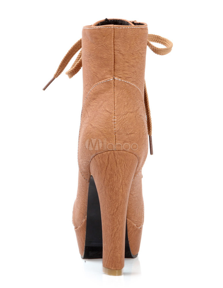 Stylish Grommets PU Leather Round Toe Lace Up Boots For Ladies