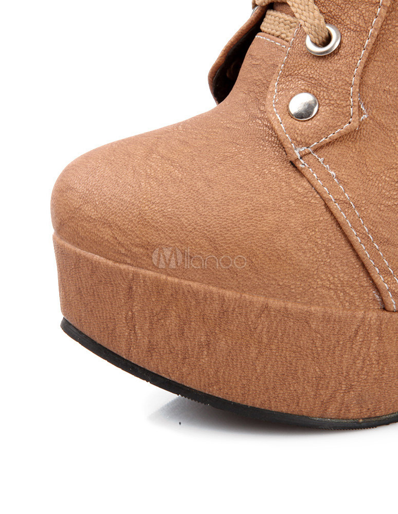 Stylish Grommets PU Leather Round Toe Lace Up Boots For Ladies