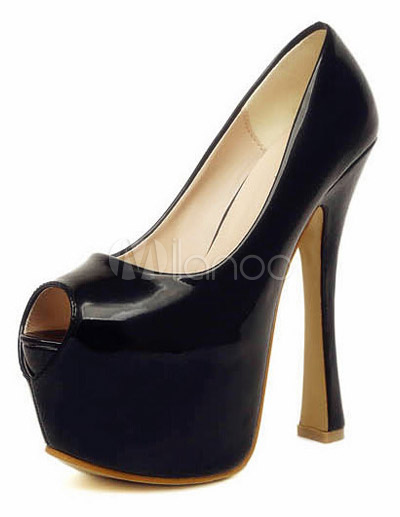 Black Flared Heel PU Patent Leather Women's Formal Peep Toe Heels ...