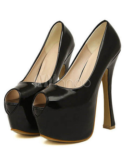 Black Flared Heel PU Patent Leather Women's Formal Peep Toe Heels ...