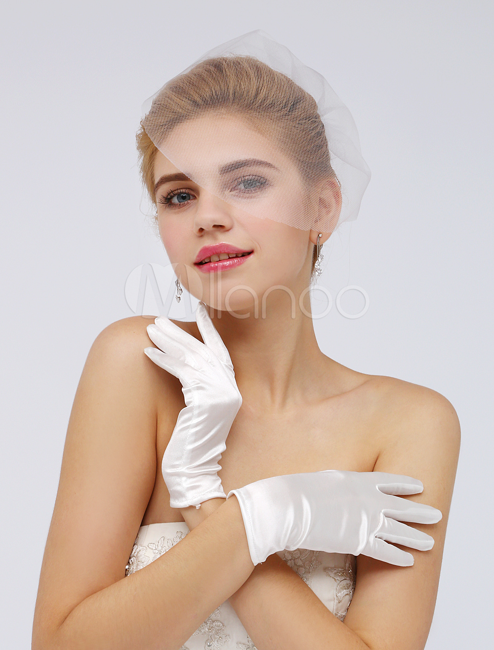 Gants de mariée en satin stretch blanc longueur de poignet Milanoo com