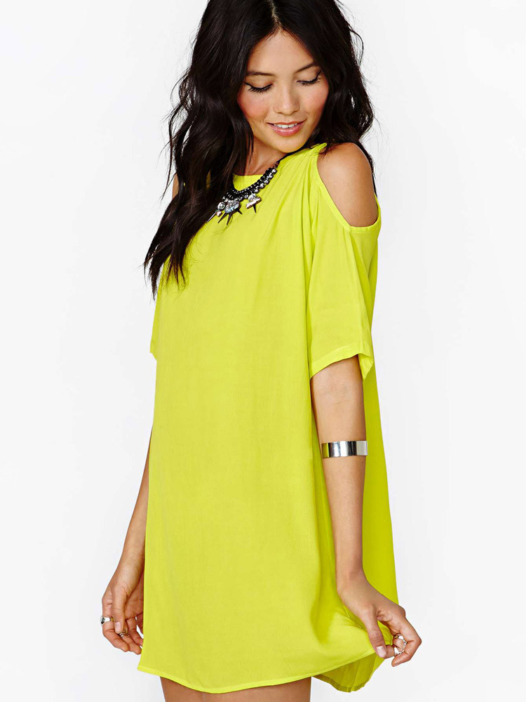 Crewneck Open Shoulder Lemon-Lime Chiffon Dress - Milanoo.com