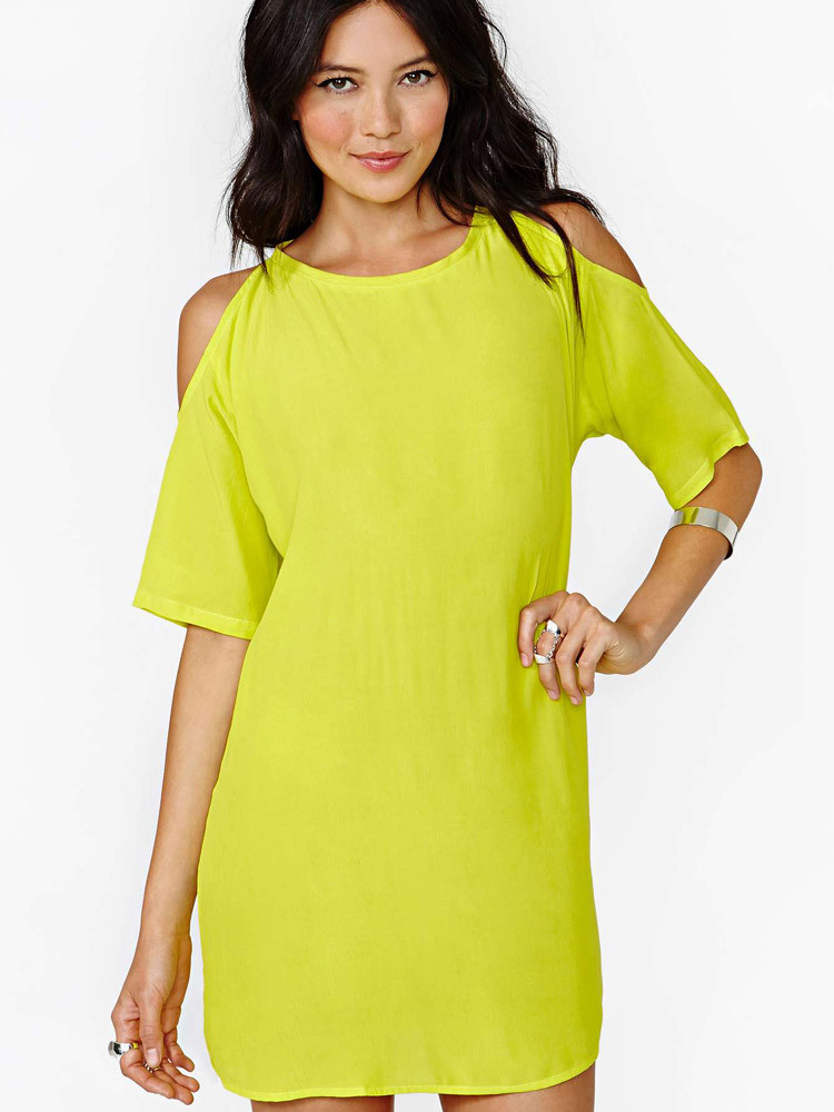 Crewneck Open Shoulder Lemon-Lime Chiffon Dress - Milanoo.com