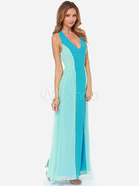 V-Neck Cross Back Floor-Length Chiffon Maxi Dress - Milanoo.com