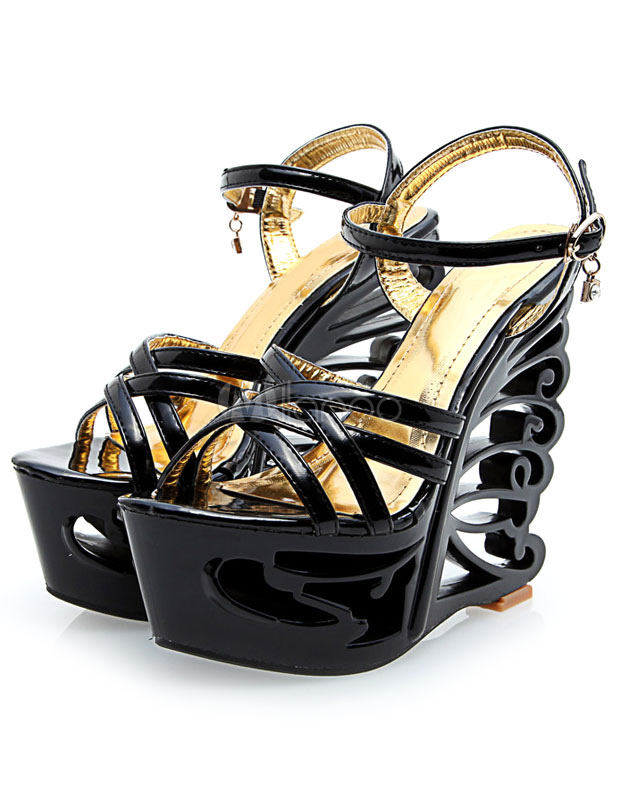 Charming Black PU Leather Buckled Open Toe Women's Wedge Sandals ...