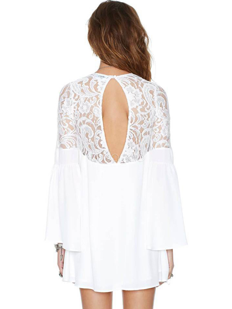 Robe droite large en dentelle blanche brodée de manche ...