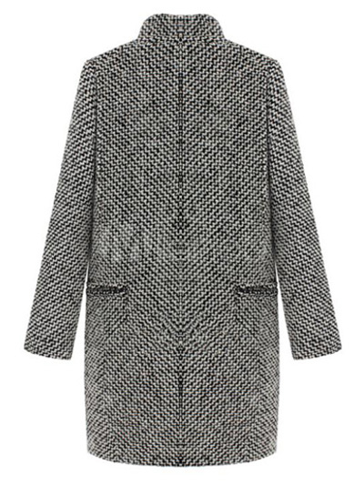 Houndstooth Print Notch Collar Cotton Long Coat For Woman - Milanoo.com