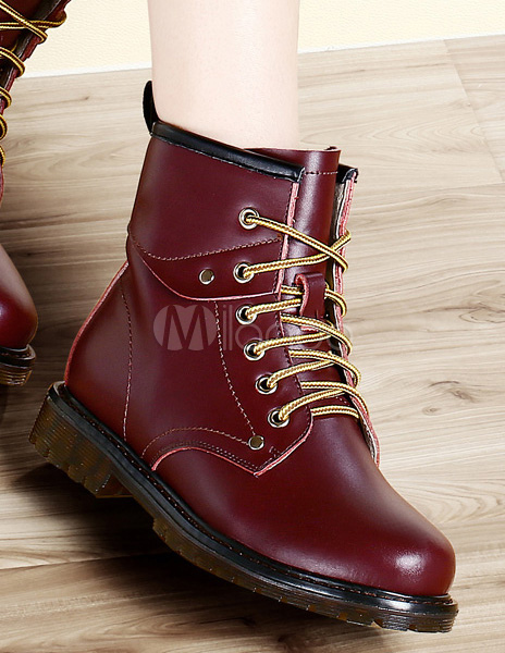 Cowhide Round Toe Boots With Lace Up - Milanoo.com