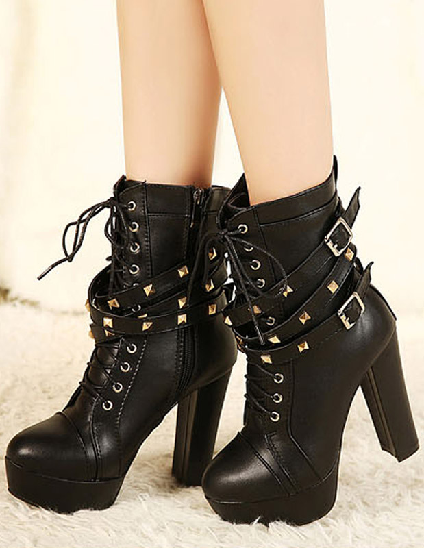 Buckled Chunky Ankle Boots With Lace Up - Milanoo.com
