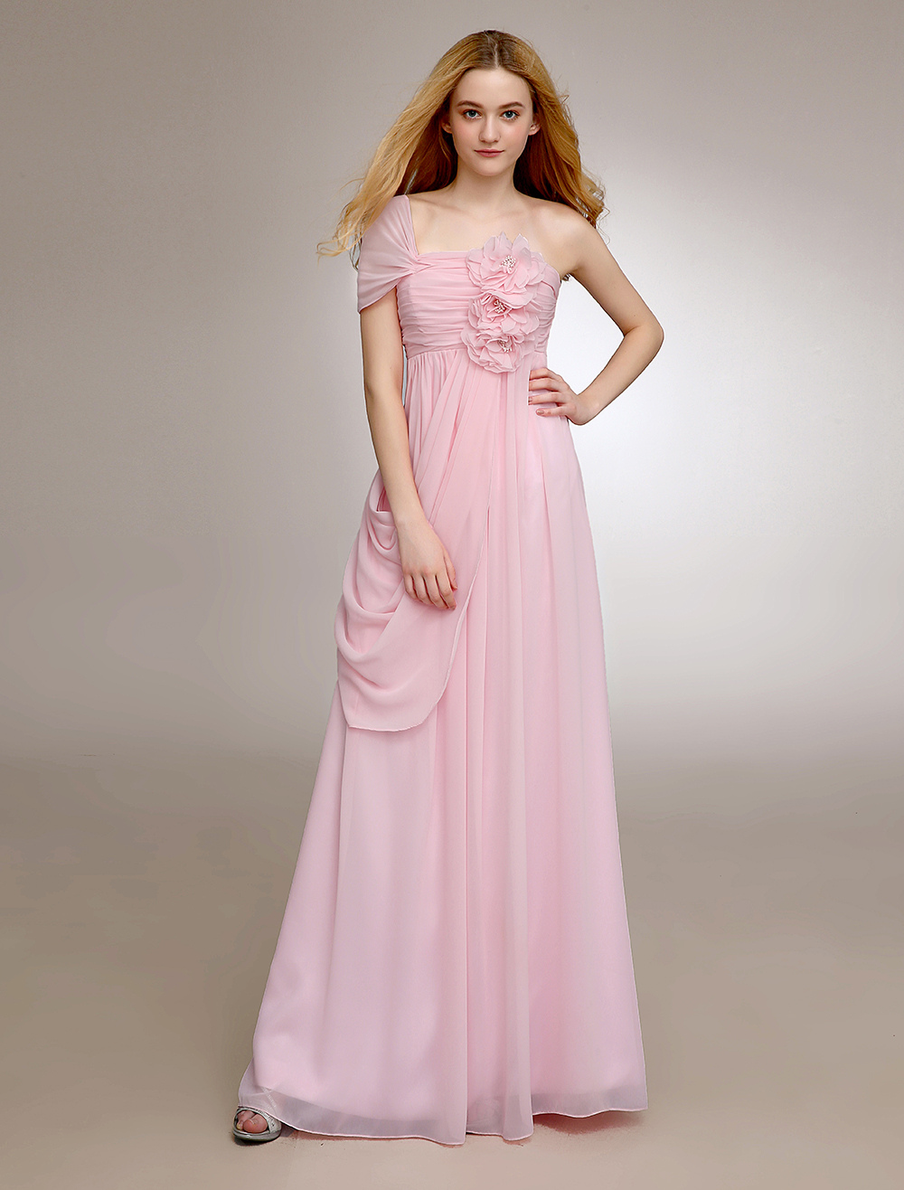 Pink OneShoulder Bridesmaid Dress With Pleated Chiffon
