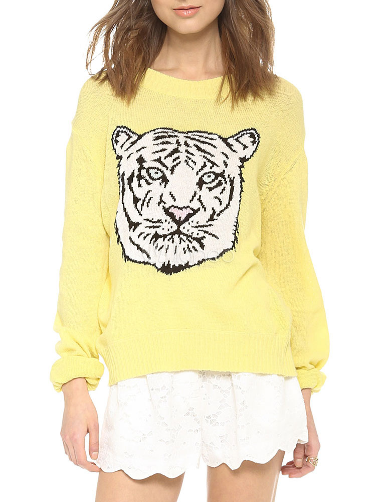 Crewneck Pullovers With Tiger Print