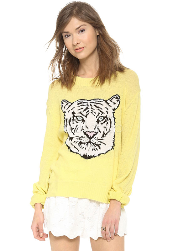Crewneck Pullovers With Tiger Print
