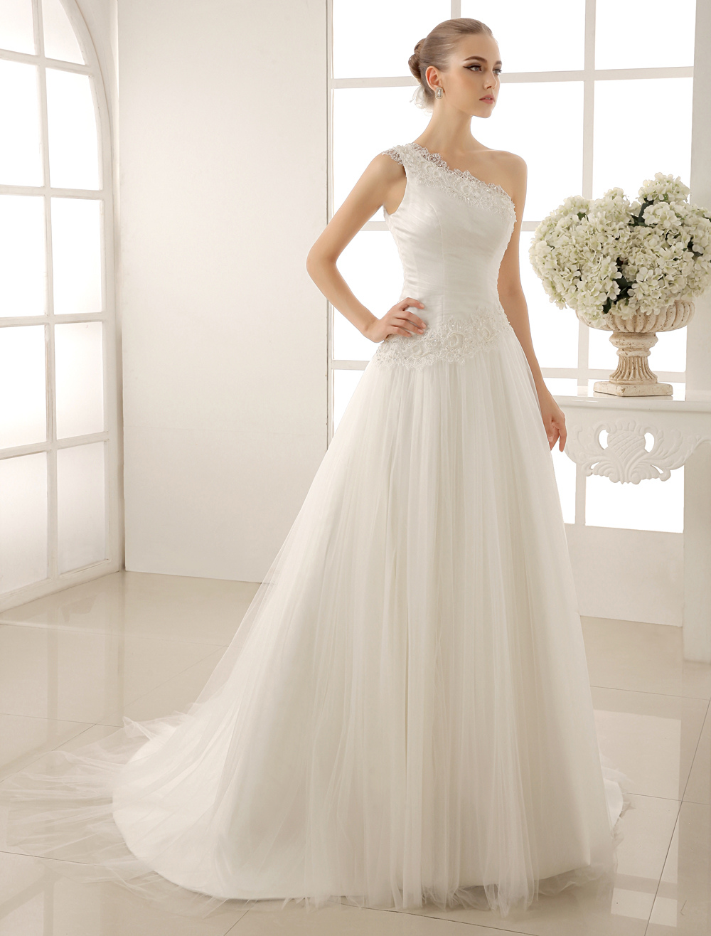 One-Shoulder Wedding Dress With Sequined Tulle - Milanoo.com