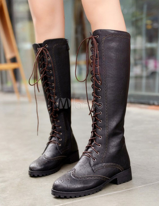 Martin Knee Length Boots With Lace Up - Milanoo.com