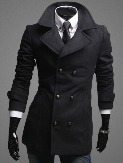Notch Collar Double Breasted Pea Coat With Pockets - Milanoo.com