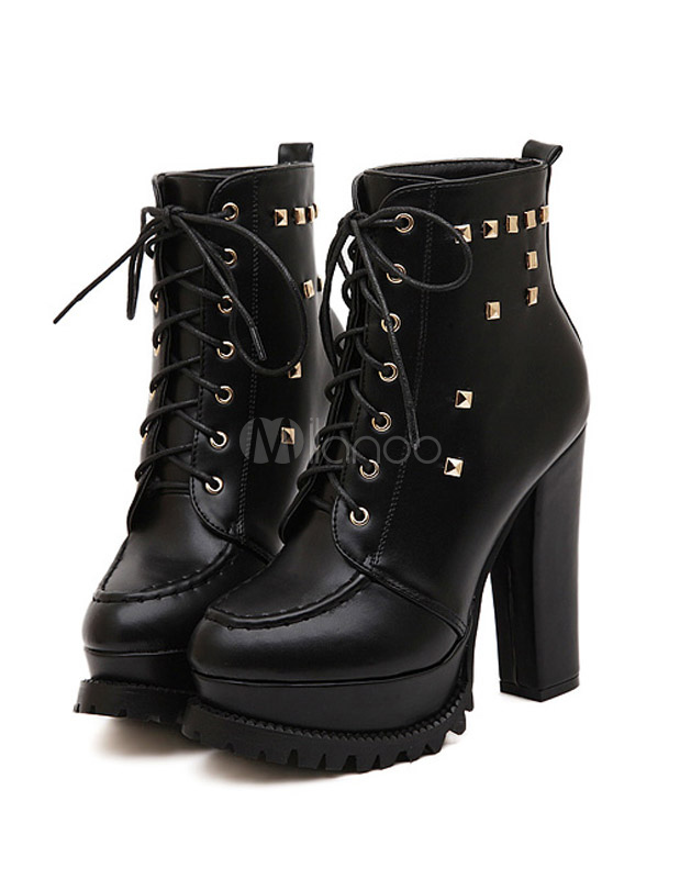 Studded Lace Up Booties With Chunky Heels - Milanoo.com