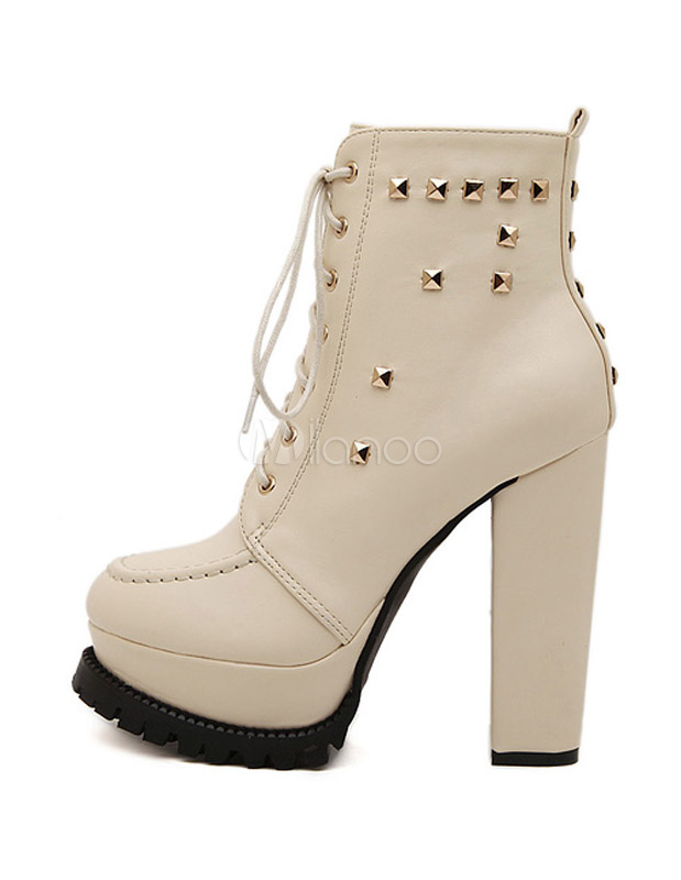 Studded Lace Up Booties With Chunky Heels - Milanoo.com