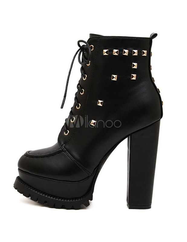 Studded Lace Up Booties With Chunky Heels - Milanoo.com