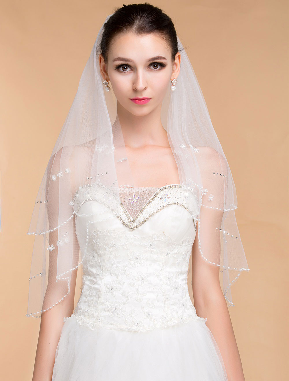 Bridal Wedding Veil With Beaded Edge - Milanoo.com